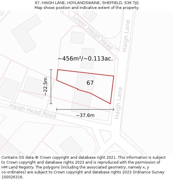 67, HAIGH LANE, HOYLANDSWAINE, SHEFFIELD, S36 7JQ: Plot and title map