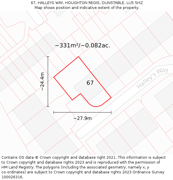 67, HALLEYS WAY, HOUGHTON REGIS, DUNSTABLE, LU5 5HZ: Plot and title map