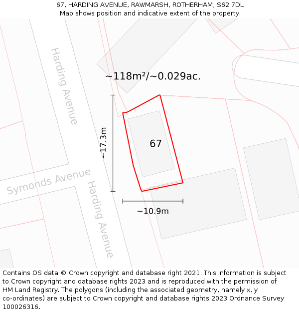 67, HARDING AVENUE, RAWMARSH, ROTHERHAM, S62 7DL: Plot and title map