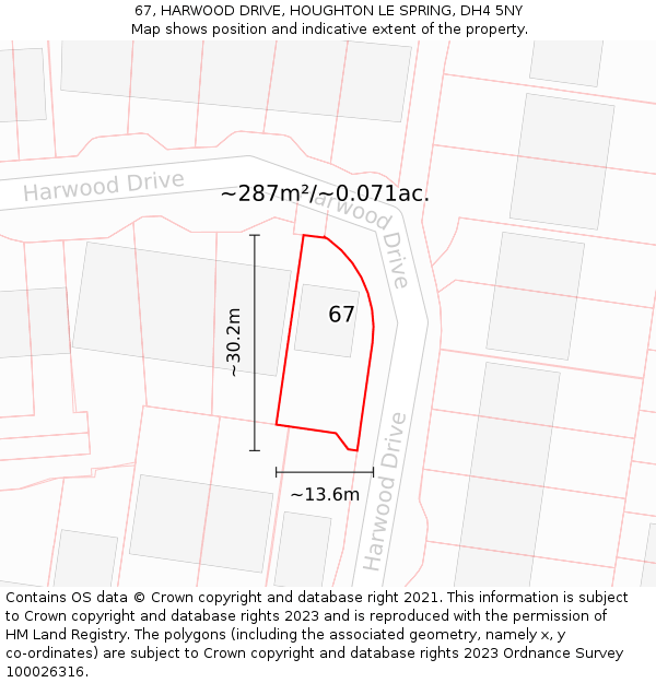 67, HARWOOD DRIVE, HOUGHTON LE SPRING, DH4 5NY: Plot and title map