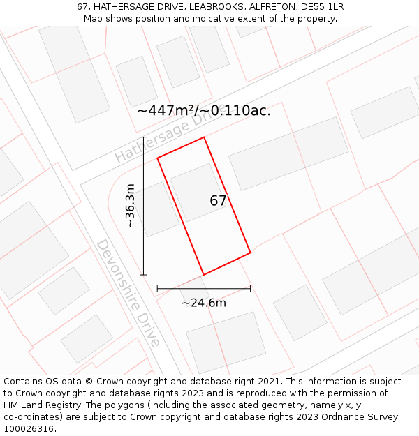 67, HATHERSAGE DRIVE, LEABROOKS, ALFRETON, DE55 1LR: Plot and title map