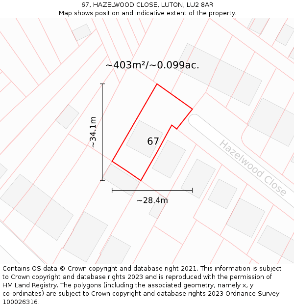 67, HAZELWOOD CLOSE, LUTON, LU2 8AR: Plot and title map