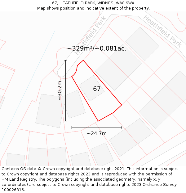 67, HEATHFIELD PARK, WIDNES, WA8 9WX: Plot and title map