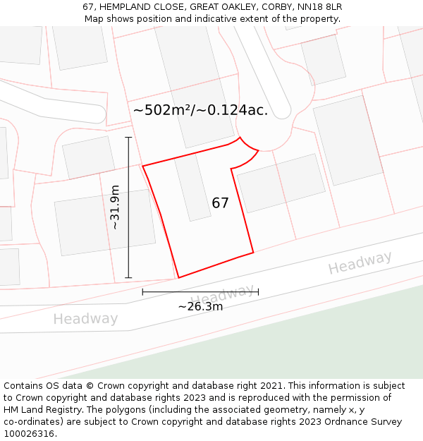 67, HEMPLAND CLOSE, GREAT OAKLEY, CORBY, NN18 8LR: Plot and title map