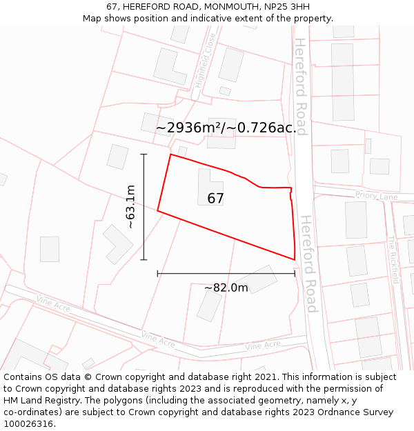 67, HEREFORD ROAD, MONMOUTH, NP25 3HH: Plot and title map