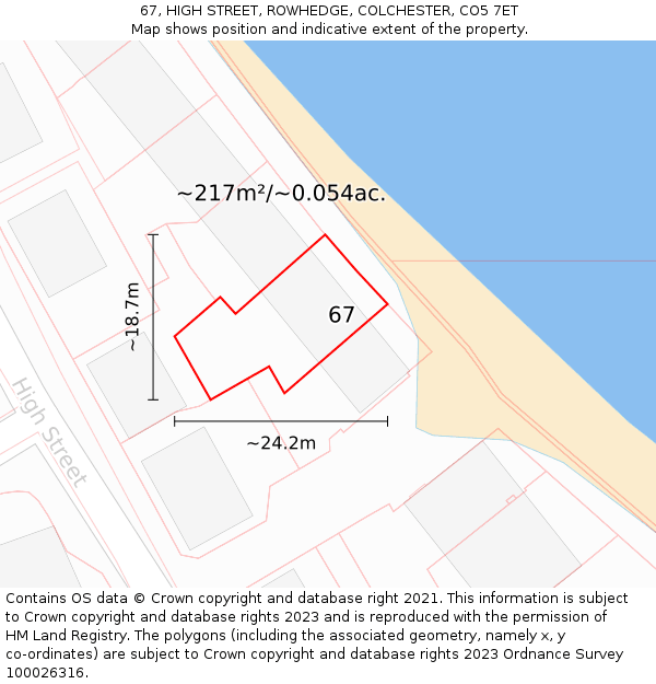 67, HIGH STREET, ROWHEDGE, COLCHESTER, CO5 7ET: Plot and title map