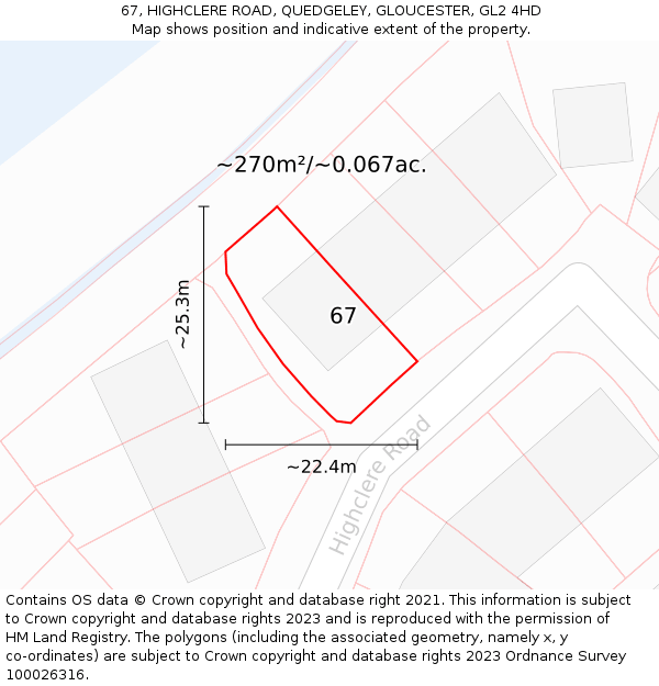 67, HIGHCLERE ROAD, QUEDGELEY, GLOUCESTER, GL2 4HD: Plot and title map