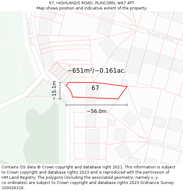 67, HIGHLANDS ROAD, RUNCORN, WA7 4PT: Plot and title map