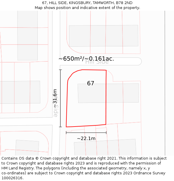 67, HILL SIDE, KINGSBURY, TAMWORTH, B78 2ND: Plot and title map