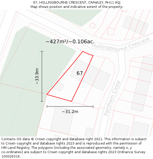 67, HOLLINGBOURNE CRESCENT, CRAWLEY, RH11 9QJ: Plot and title map