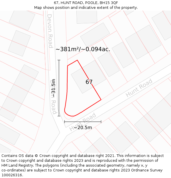 67, HUNT ROAD, POOLE, BH15 3QF: Plot and title map