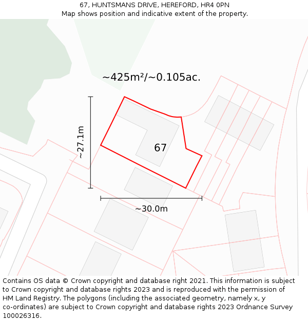 67, HUNTSMANS DRIVE, HEREFORD, HR4 0PN: Plot and title map