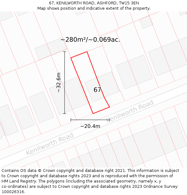 67, KENILWORTH ROAD, ASHFORD, TW15 3EN: Plot and title map