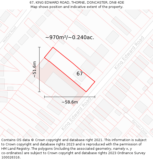 67, KING EDWARD ROAD, THORNE, DONCASTER, DN8 4DE: Plot and title map