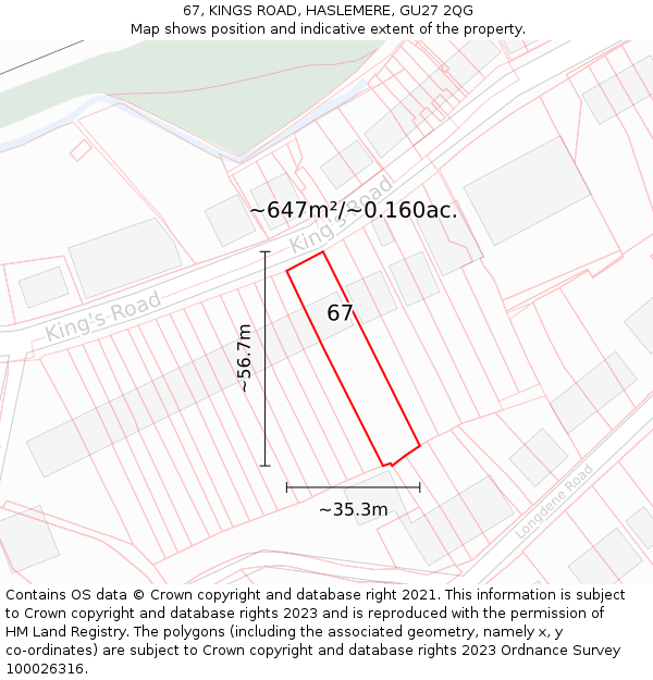 67, KINGS ROAD, HASLEMERE, GU27 2QG: Plot and title map