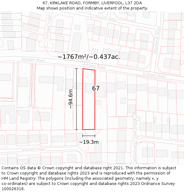 67, KIRKLAKE ROAD, FORMBY, LIVERPOOL, L37 2DA: Plot and title map