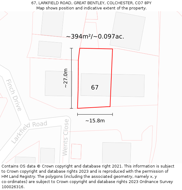 67, LARKFIELD ROAD, GREAT BENTLEY, COLCHESTER, CO7 8PY: Plot and title map