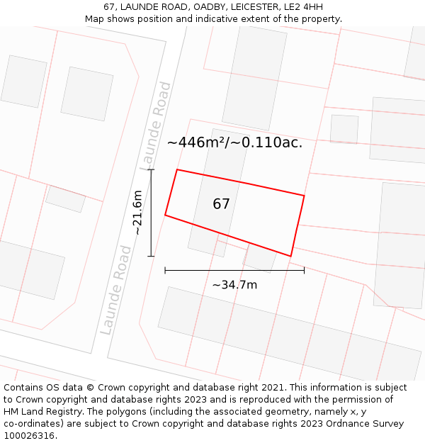 67, LAUNDE ROAD, OADBY, LEICESTER, LE2 4HH: Plot and title map