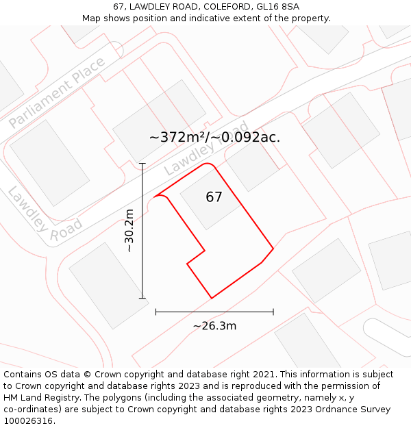 67, LAWDLEY ROAD, COLEFORD, GL16 8SA: Plot and title map