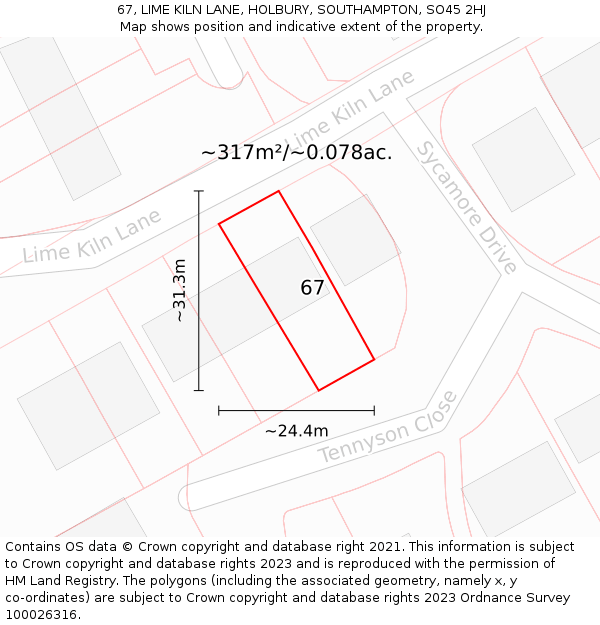 67, LIME KILN LANE, HOLBURY, SOUTHAMPTON, SO45 2HJ: Plot and title map