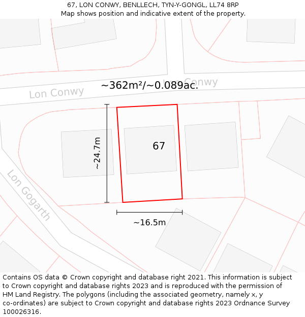 67, LON CONWY, BENLLECH, TYN-Y-GONGL, LL74 8RP: Plot and title map