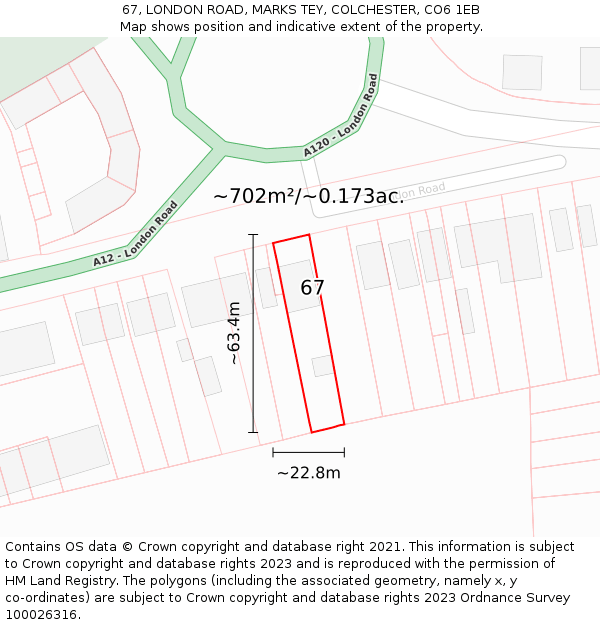 67, LONDON ROAD, MARKS TEY, COLCHESTER, CO6 1EB: Plot and title map