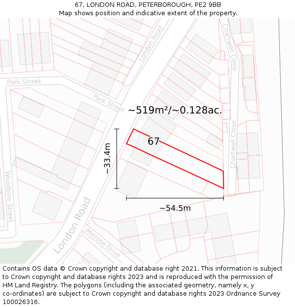 67, LONDON ROAD, PETERBOROUGH, PE2 9BB: Plot and title map