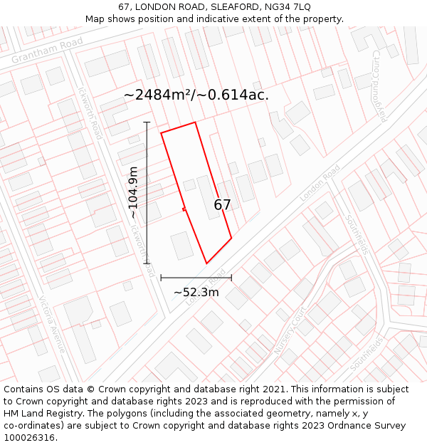 67, LONDON ROAD, SLEAFORD, NG34 7LQ: Plot and title map