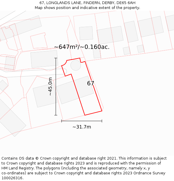 67, LONGLANDS LANE, FINDERN, DERBY, DE65 6AH: Plot and title map