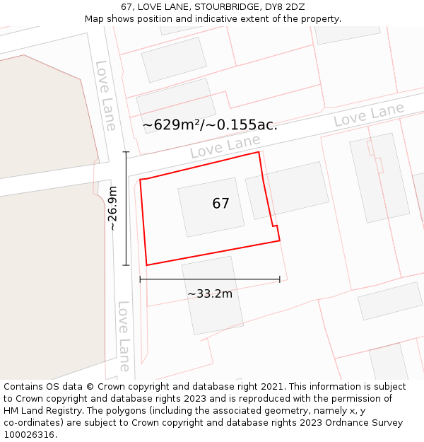 67, LOVE LANE, STOURBRIDGE, DY8 2DZ: Plot and title map