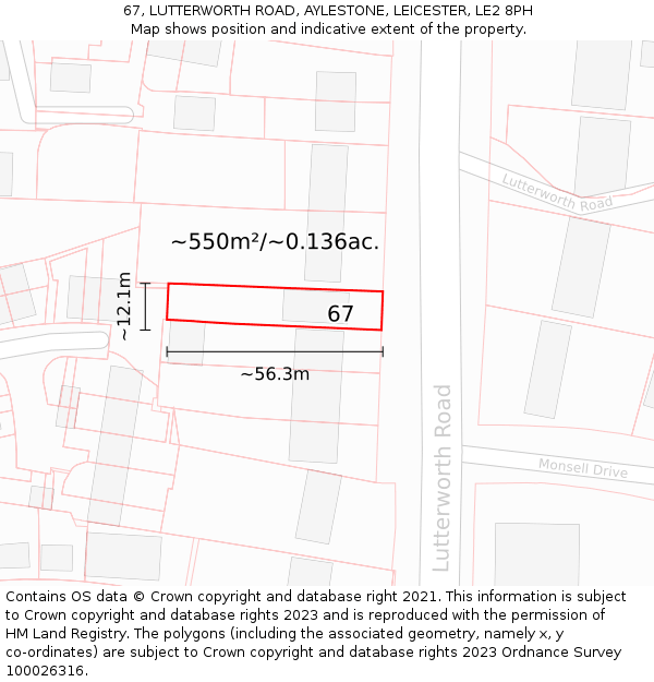 67, LUTTERWORTH ROAD, AYLESTONE, LEICESTER, LE2 8PH: Plot and title map