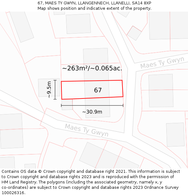 67, MAES TY GWYN, LLANGENNECH, LLANELLI, SA14 8XP: Plot and title map