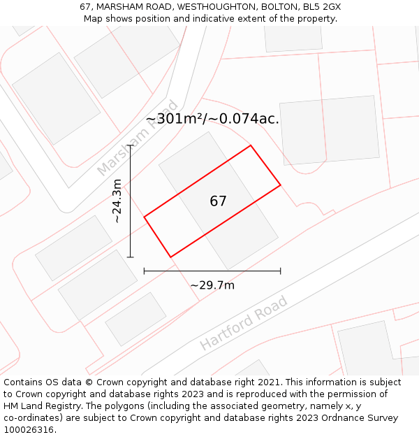 67, MARSHAM ROAD, WESTHOUGHTON, BOLTON, BL5 2GX: Plot and title map