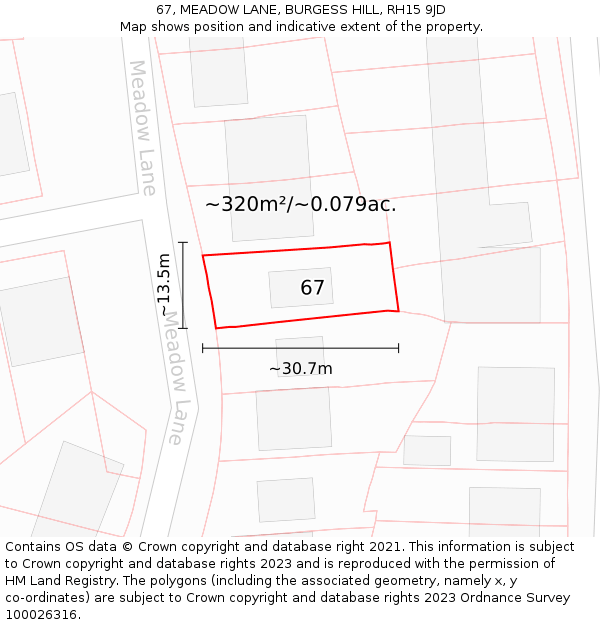 67, MEADOW LANE, BURGESS HILL, RH15 9JD: Plot and title map
