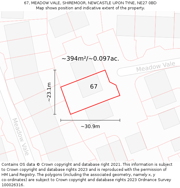 67, MEADOW VALE, SHIREMOOR, NEWCASTLE UPON TYNE, NE27 0BD: Plot and title map