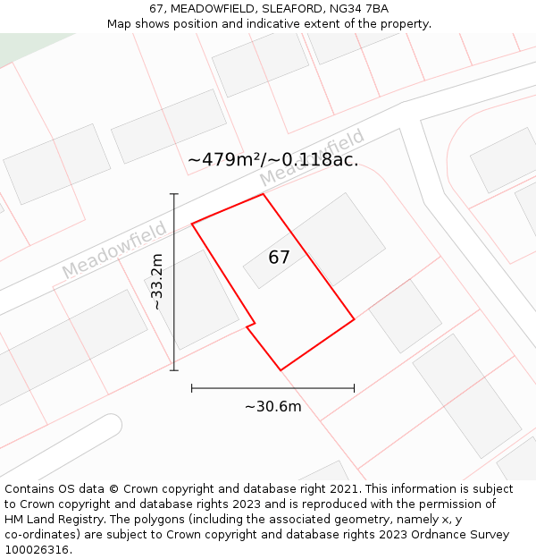 67, MEADOWFIELD, SLEAFORD, NG34 7BA: Plot and title map