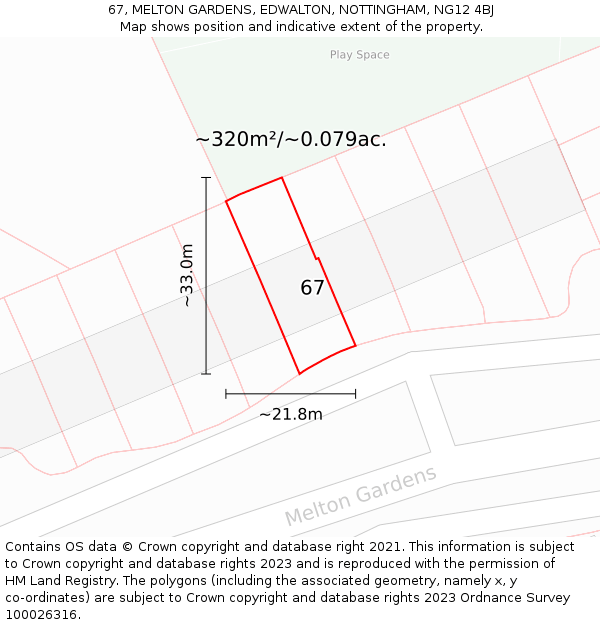 67, MELTON GARDENS, EDWALTON, NOTTINGHAM, NG12 4BJ: Plot and title map