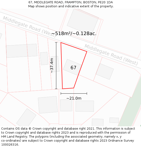 67, MIDDLEGATE ROAD, FRAMPTON, BOSTON, PE20 1DA: Plot and title map