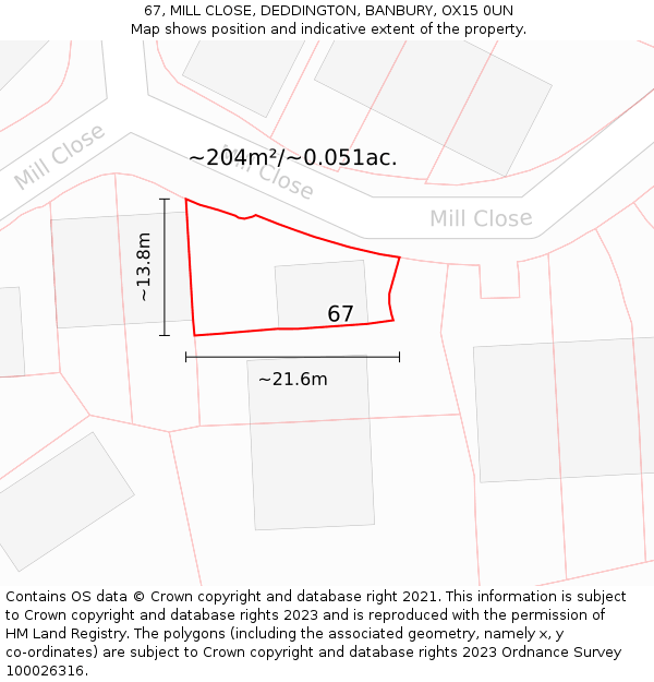 67, MILL CLOSE, DEDDINGTON, BANBURY, OX15 0UN: Plot and title map