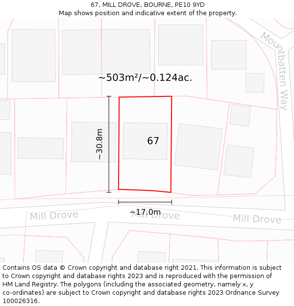 67, MILL DROVE, BOURNE, PE10 9YD: Plot and title map