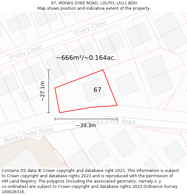 67, MONKS DYKE ROAD, LOUTH, LN11 8DN: Plot and title map