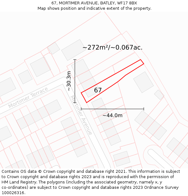 67, MORTIMER AVENUE, BATLEY, WF17 8BX: Plot and title map