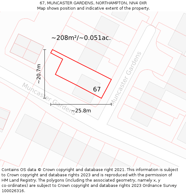 67, MUNCASTER GARDENS, NORTHAMPTON, NN4 0XR: Plot and title map