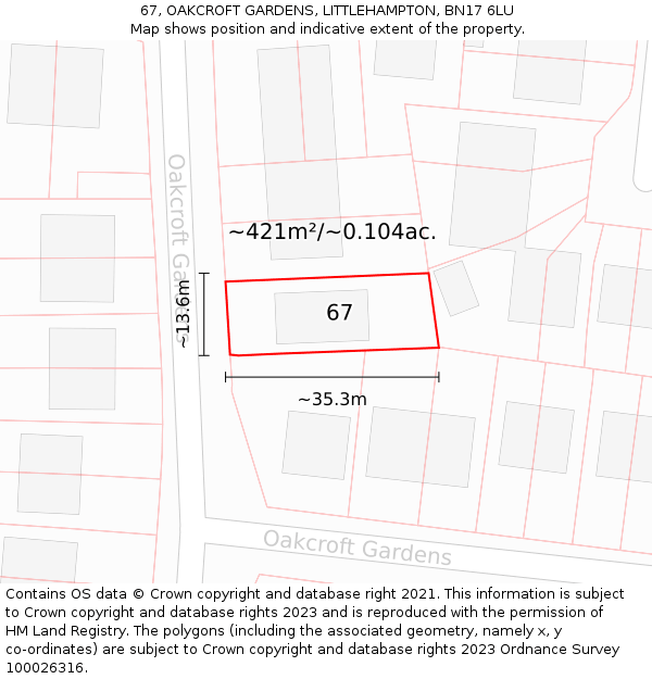 67, OAKCROFT GARDENS, LITTLEHAMPTON, BN17 6LU: Plot and title map