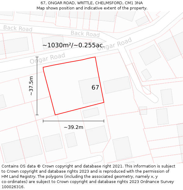 67, ONGAR ROAD, WRITTLE, CHELMSFORD, CM1 3NA: Plot and title map