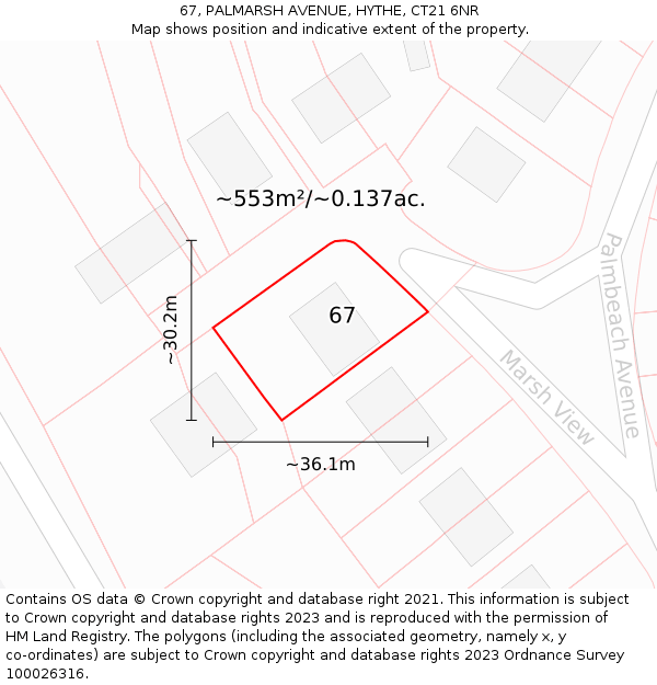 67, PALMARSH AVENUE, HYTHE, CT21 6NR: Plot and title map