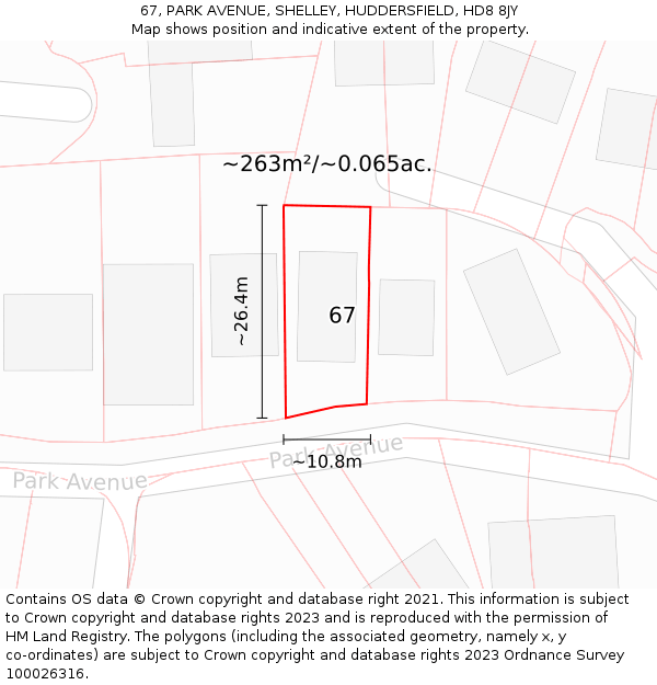 67, PARK AVENUE, SHELLEY, HUDDERSFIELD, HD8 8JY: Plot and title map