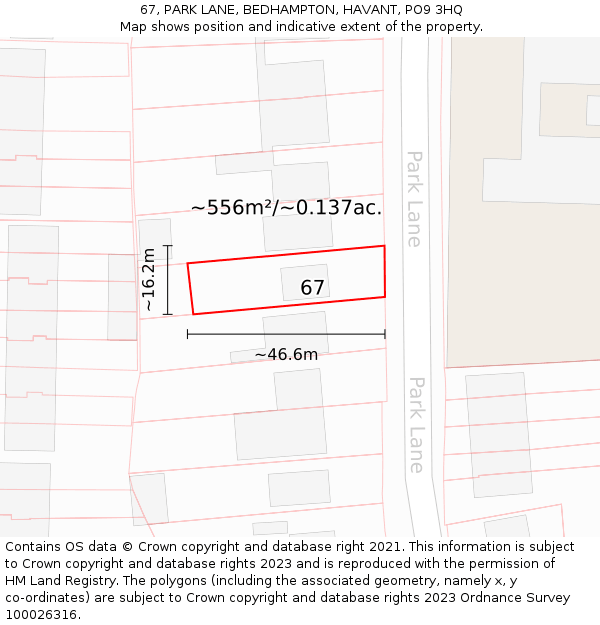 67, PARK LANE, BEDHAMPTON, HAVANT, PO9 3HQ: Plot and title map