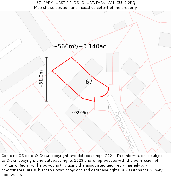 67, PARKHURST FIELDS, CHURT, FARNHAM, GU10 2PQ: Plot and title map