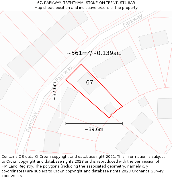 67, PARKWAY, TRENTHAM, STOKE-ON-TRENT, ST4 8AR: Plot and title map